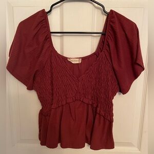 Altar'd State Dark Red/Maroon Smocked Puff Sleeve Blouse